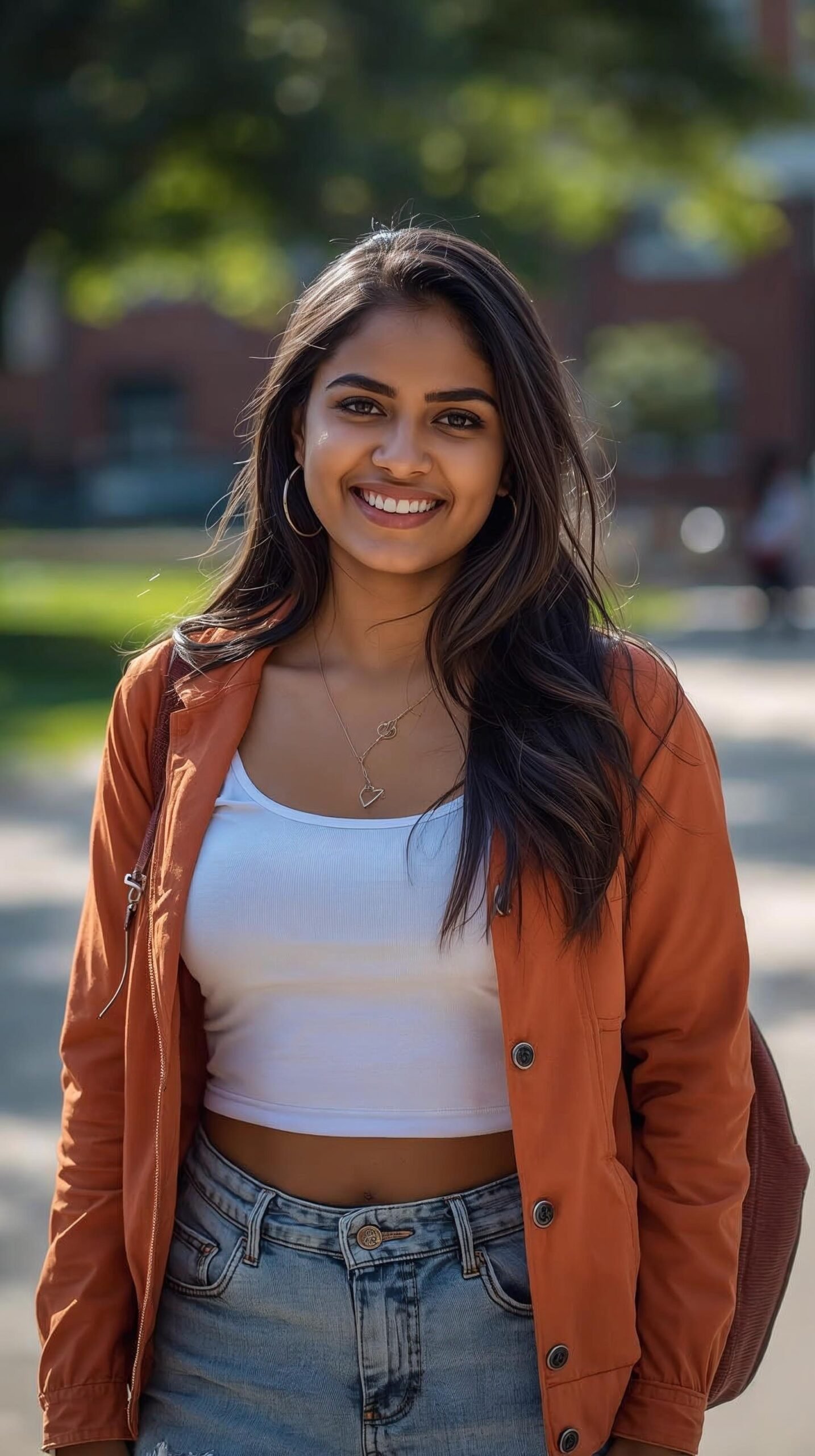 one indian good looking female college student standing happily. the student should be wearing something attractive