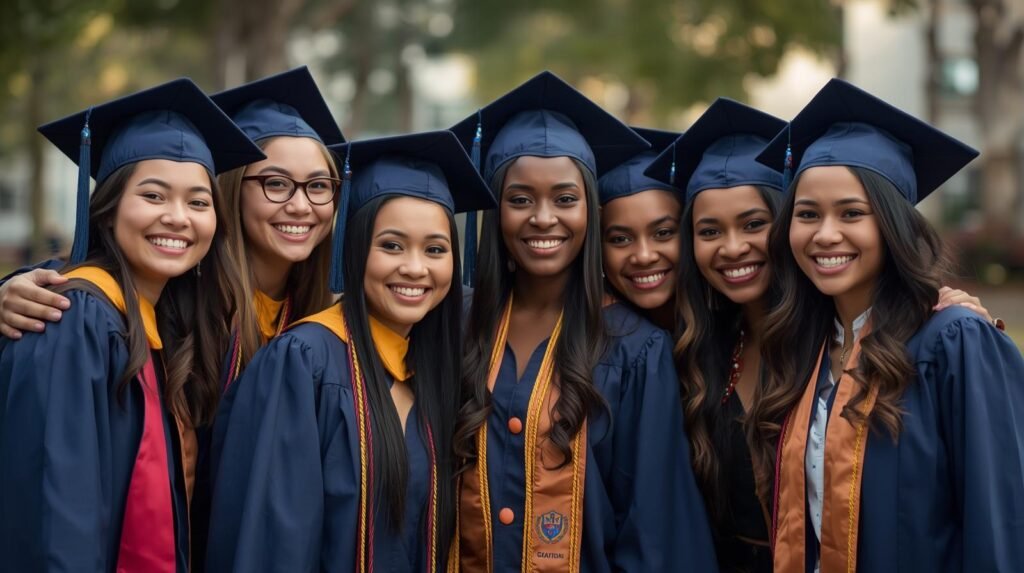 7 philippine and nigerian female graduates, posing for a photo
