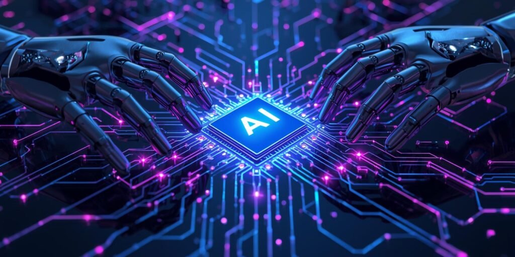 ai and digital transformation, with animatronic robots and an ai chip