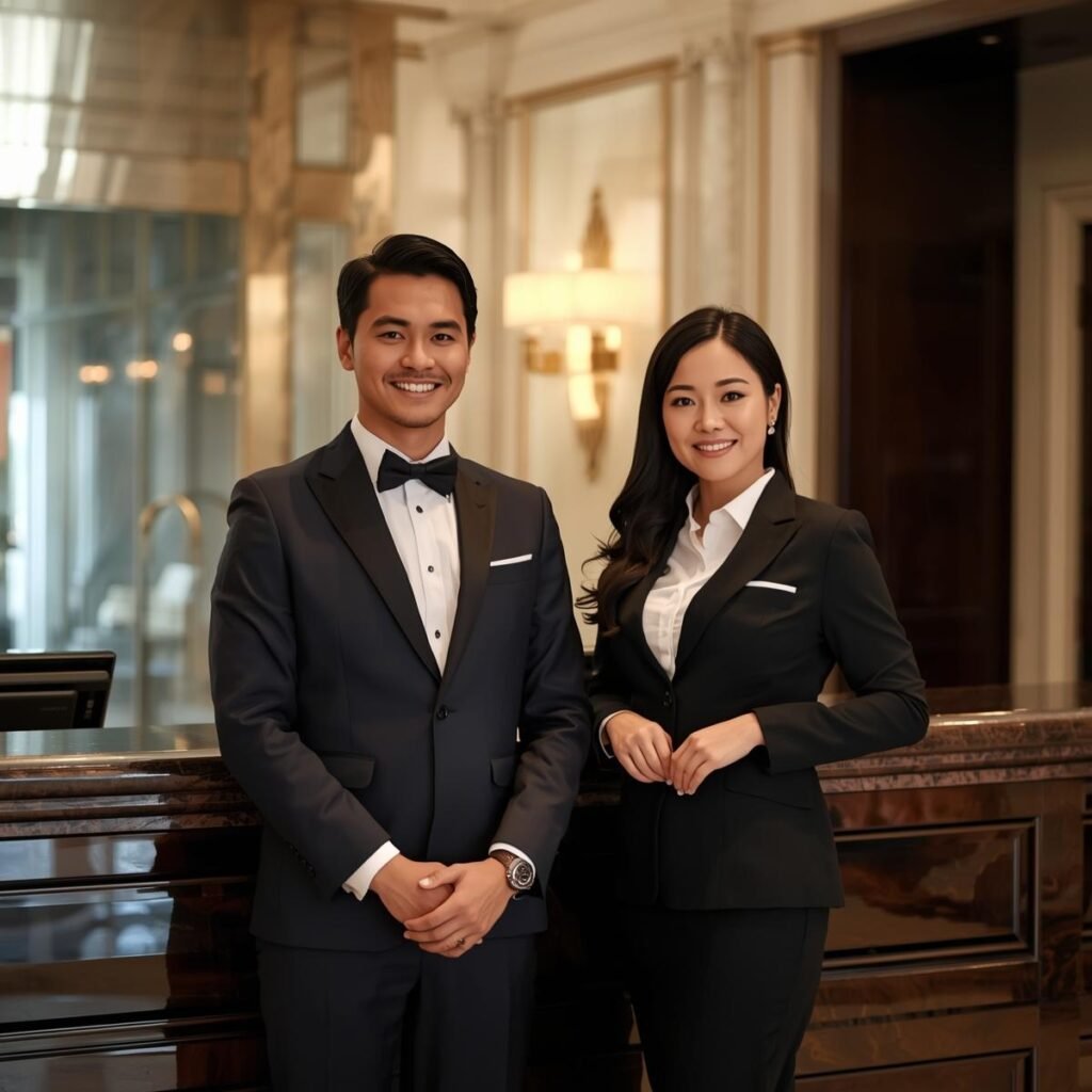 generate an image of a concierge at a hotel. i need 2 concierge, 1 male and 1 female (1)