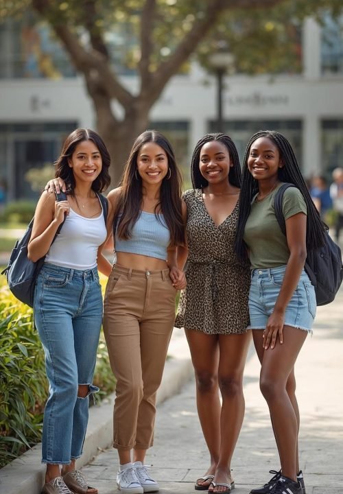 4 casual college student's college life, philippine and nigerian, posing in a college setting